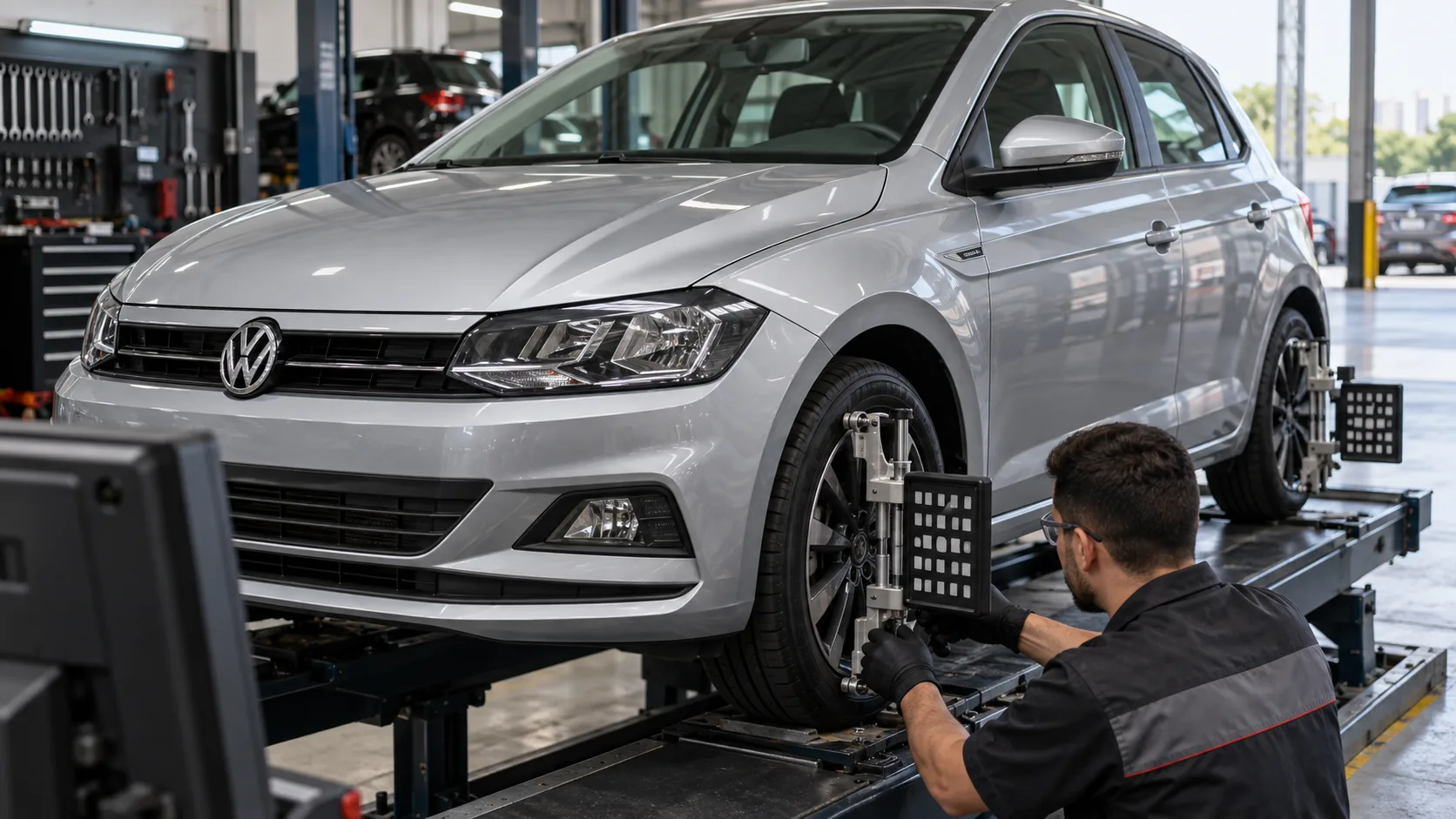 Cena ilustrativa de alinhamento e balanceamento com carro comum no Brasil