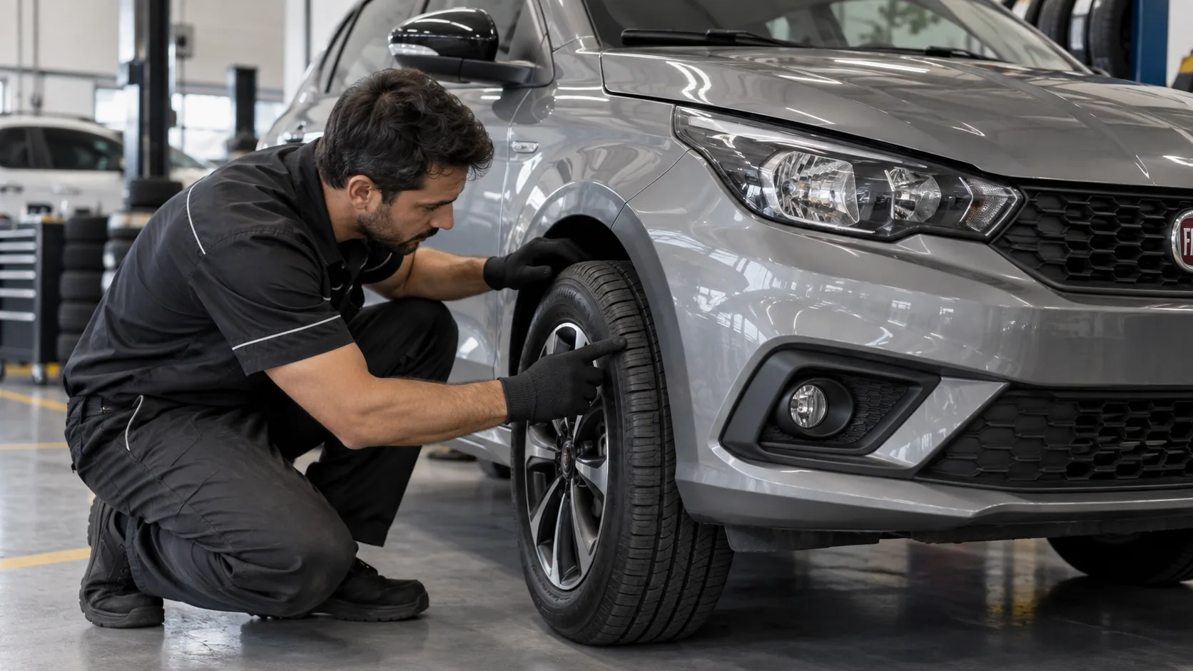 Cena ilustrativa de pneus e rodas com carro comum no Brasil